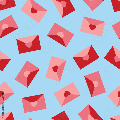 Seamless pattern with pink and red love letters with hearts