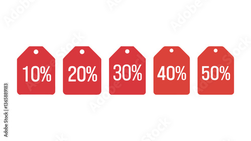 Set of discount tags with percentages (10% to 50%) in red color, ideal for promotional sales, price tags, retail, and seasonal discounts in e-commerce