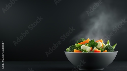 Freshly microwave mixed vegetables with a slight steam, presented in a modern, showcasing the freshness and appeal of healthy eating