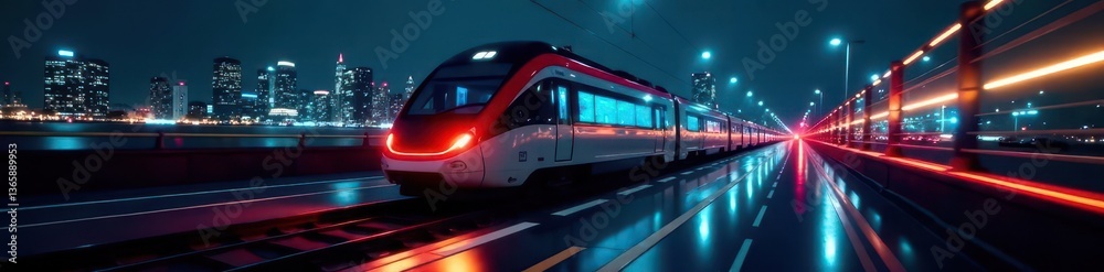 Naklejka premium Sleek, illuminated train speeding through dark cityscape at night, tracks, advanced