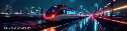 Sleek, illuminated train speeding through dark cityscape at night, tracks, advanced