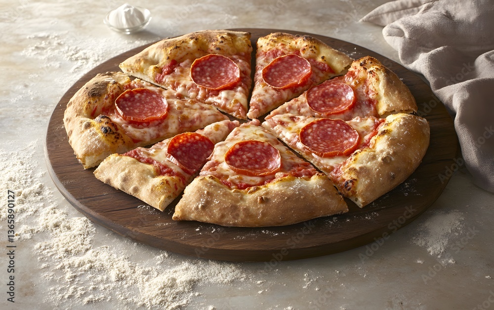 Delicious Salami Pepperoni Pizza Slices on Wooden Board Delicious Salami Pepperoni Pizza Slices on Wooden Board