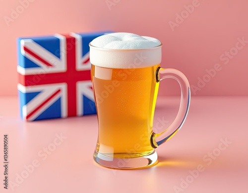 Pint of British Beer with Union Jack Gift Box on Pink Background