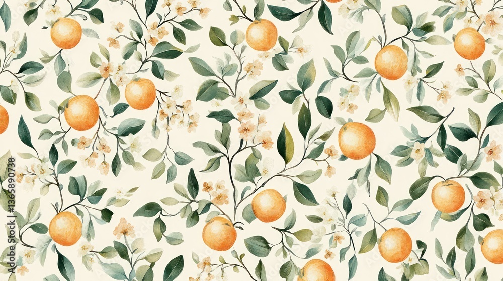 Orange blossom pattern, spring floral design, nature background, fabric print