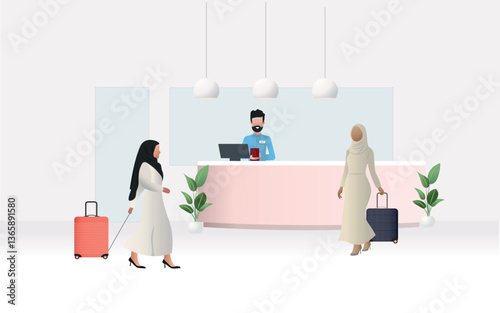 Muslim businesswomen walking with rolling suitcases in hotel lobby