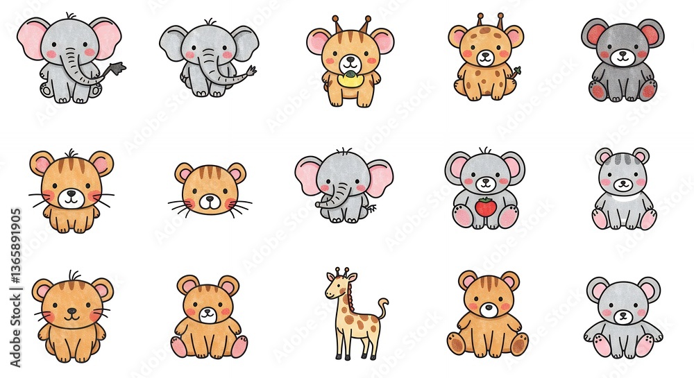 Obraz premium Cute Cartoon Animal Collection Featuring Elephant Giraffe Tiger and Mouse