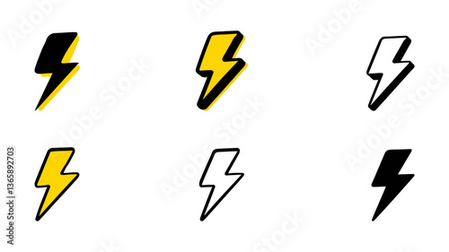 Set of lightning bolt icons with different designs, including dynamic and sharp versions, ideal for representing energy, speed, power, and electric themes in modern graphic design