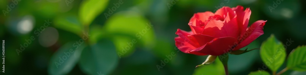 Fully opened red tea rose, deep green leaves, natural light, flowers, macro, sunlight Fully opened red tea rose, deep green leaves, natural light, flowers, macro, sunlight