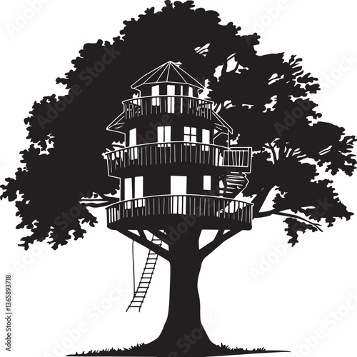 A treehouse in the woods silhouette vector illustration