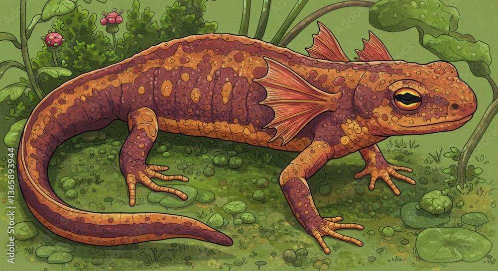 Obraz premium Colorful illustrated salamander in a lush, vibrant, and whimsical setting