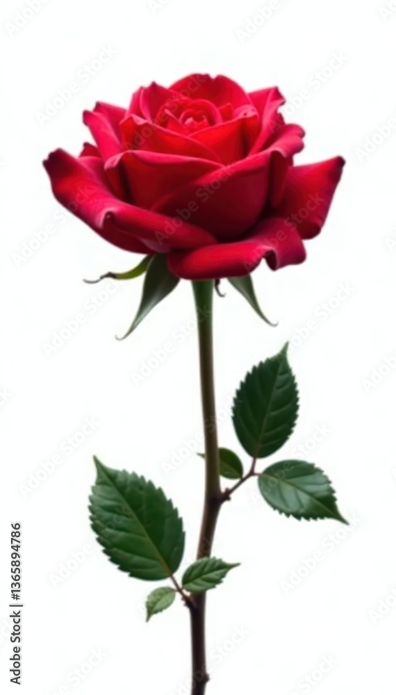 Naklejka premium Vibrant red rose, stark white isolated background , bloom, leaf, crimson