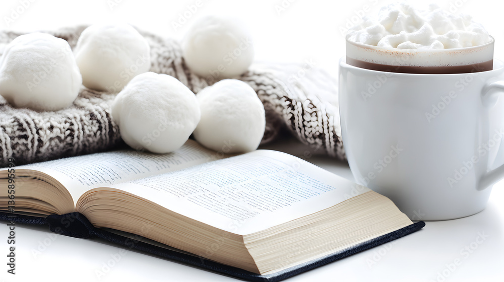 Fototapeta premium Cozy Winter Scene With Book Hot Chocolate And Snowballs