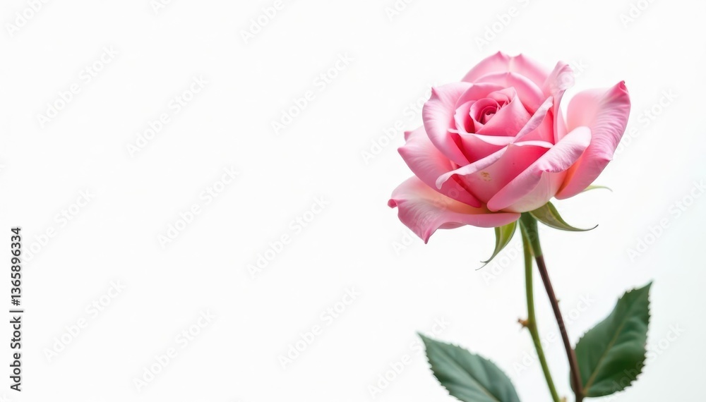 Single pink rose against stark white, showcasing its soft petals, pink rose, single rose Single pink rose against stark white, showcasing its soft petals, pink rose, single rose