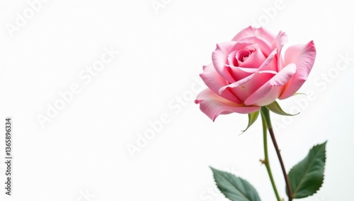 Single pink rose against stark white, showcasing its soft petals, pink rose, single rose