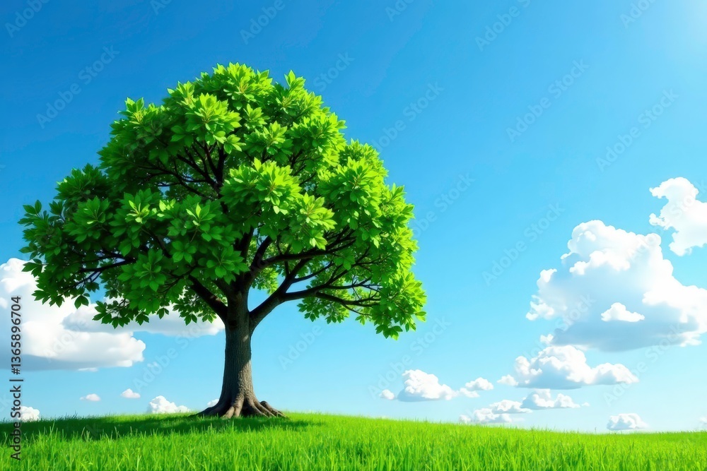 Fototapeta premium Tree against a bright blue sky with white clouds, solitude, leafy