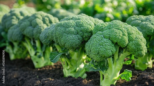 An expansive greenhouse filled with neatly arranged rows of fresh, deep-green broccoli heads growing in rich organic
