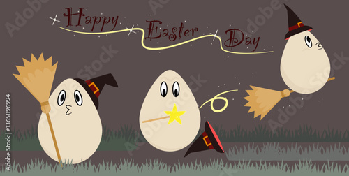 Magical Easter Eggs banner background.  Greeting card with witchy eggs, Magic wand, Witch's Brooms and hats at night, in grass, Modern cartoon style, lettering text sign Happy Easter Day, Cute concept