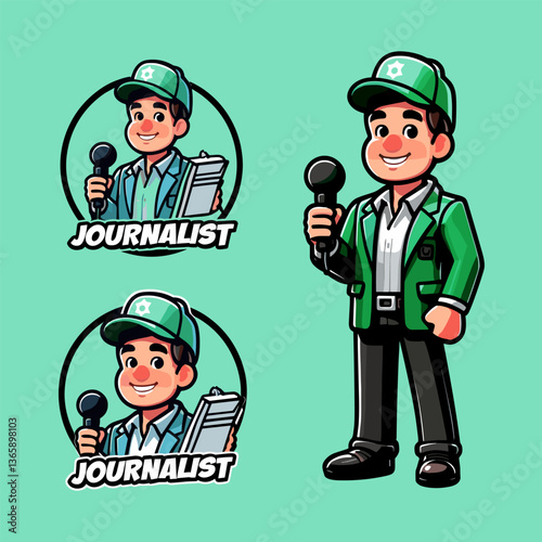 Creative Journalist in Newsroom Action Mascot Logo Character Cartoon Vector