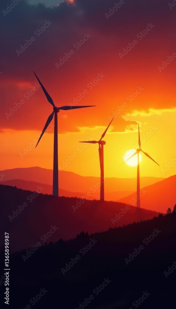 Sunset silhouettes wind turbines on rolling hills, golden light , landscape, wind turbine, power Sunset silhouettes wind turbines on rolling hills, golden light , landscape, wind turbine, power
