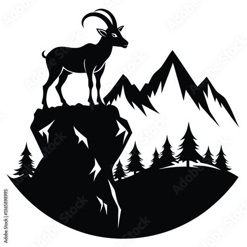 Mountain alps goats on rock on top of the hill vector silhouette illustration isolated on white background
