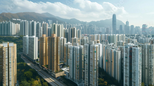 Aerial view of a bustling city with towering buildings 