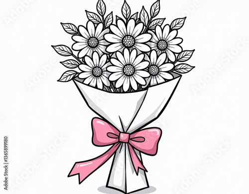 Wallpaper Mural Cute Bouquet of Daisies with Pink Bow - Hand-Drawn Flower Illustration Torontodigital.ca