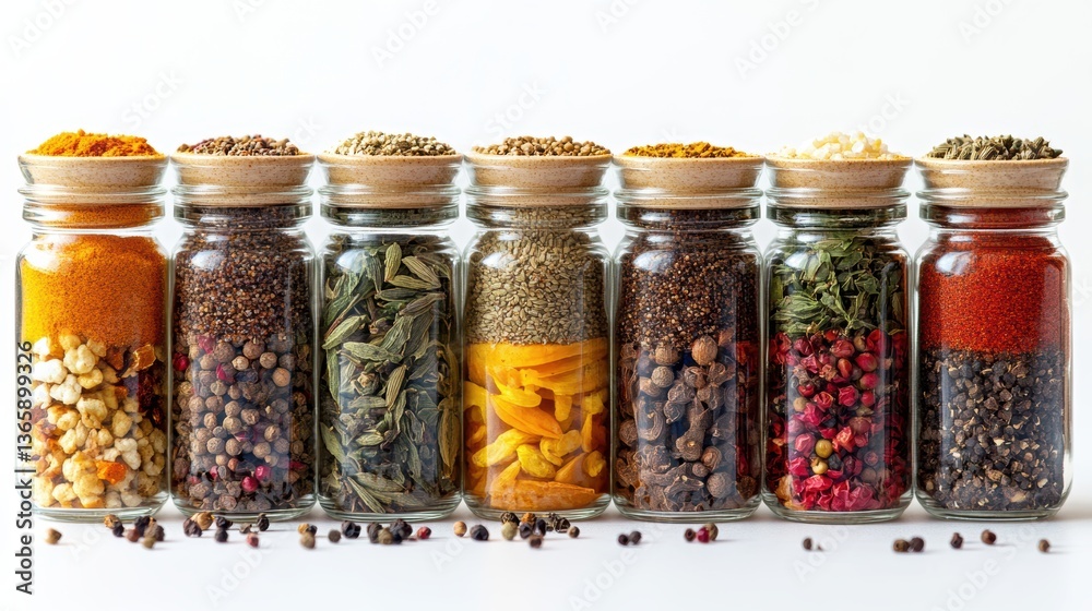 A collection of spices in clear jars, isolated on a white background, organized and clean A collection of spices in clear jars, isolated on a white background, organized and clean
