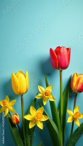 Vibrant tulips and daffodils bloom against a serene blue backdrop , watercolour, blossom, flora