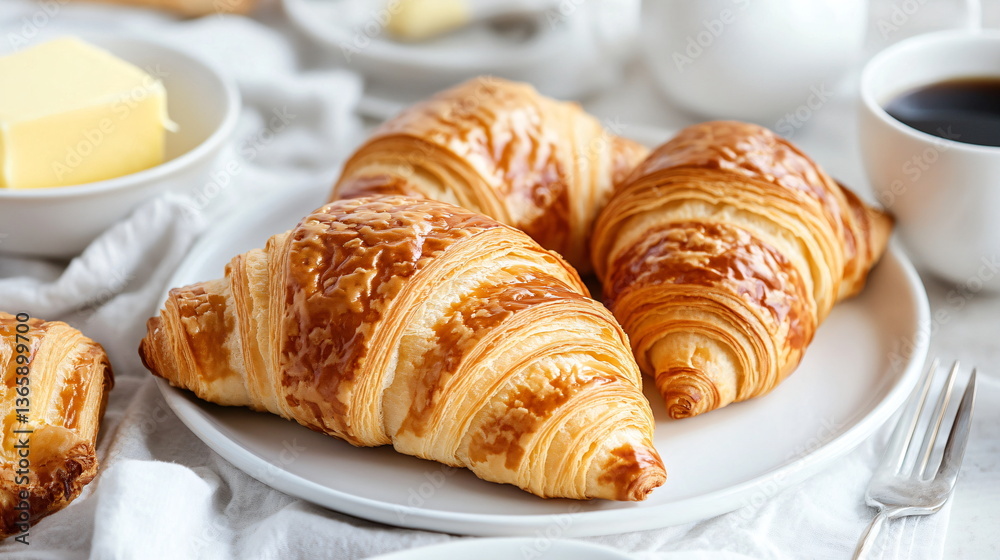 Croissants on the table for breakfast, accompanied by coffee and butter served on white ceramic plates
Croissants on the table for breakfast, accompanied by coffee and butter served on white ceramic plates