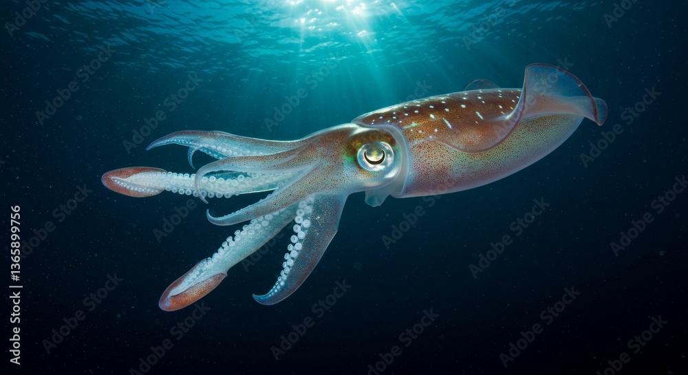 Naklejka premium A graceful squid swims through the sunlit depths of the vast ocean habitat
