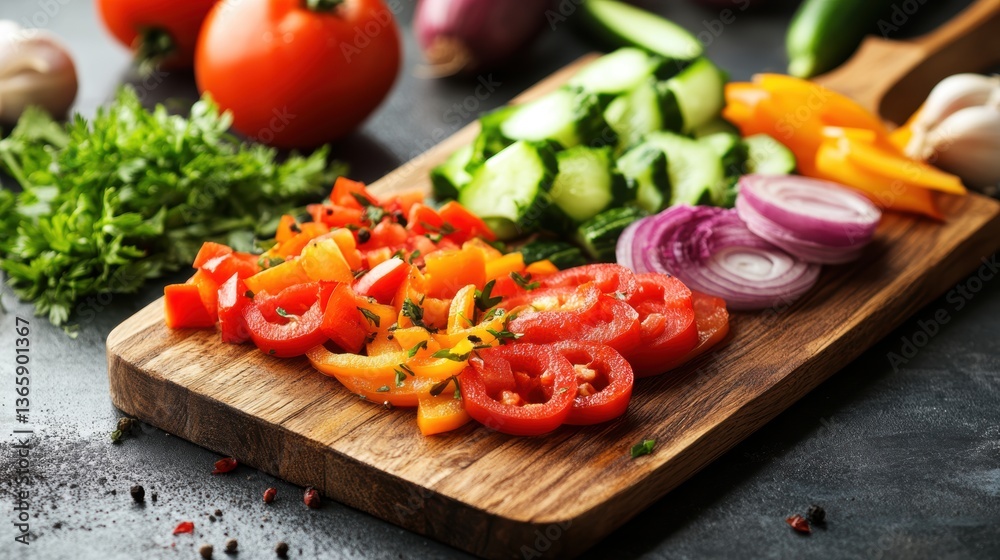 A wooden cutting board with sliced vegetables, isolated on a white background A wooden cutting board with sliced vegetables, isolated on a white background