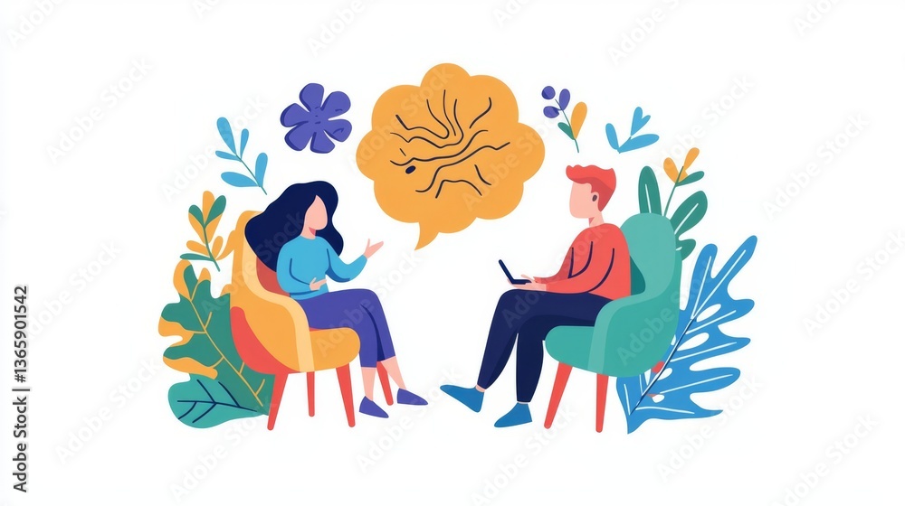 Fototapeta premium Two individuals engaged in a thoughtful conversation surrounded by colorful foliage and abstract design.