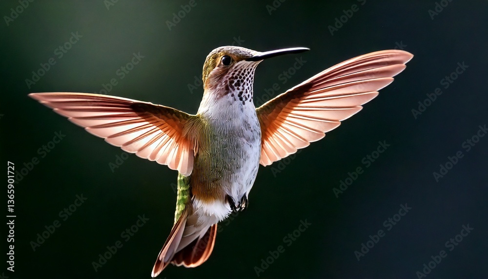 Fototapeta premium Hummingbird caught in mid-flight in the sunlight