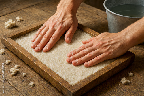 Artisan hands pressing handmade paper pulp in a wooden frame on a rustic table with a water bucket nearby
