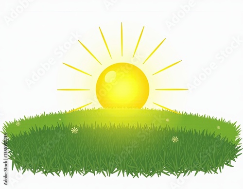 Sunrise over Green Grass Hill - Nature Illustration