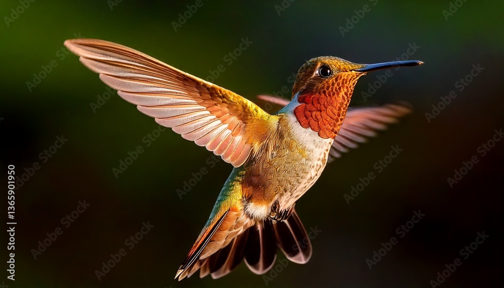 Fototapeta premium Hummingbird caught in mid-flight in the sunlight