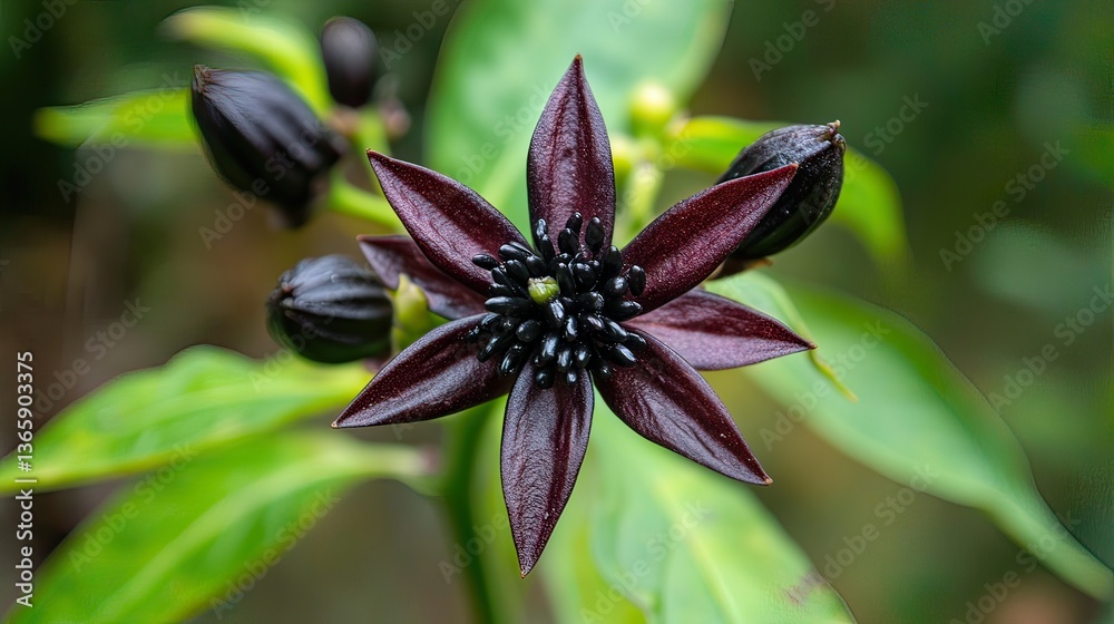 Obraz premium Deep crimson flower with dark seed pods