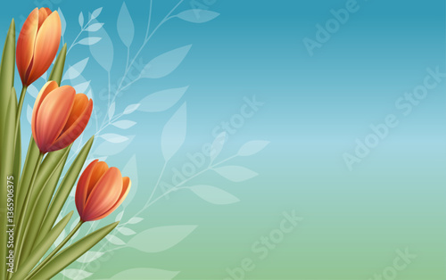 Floral background with spring oranges tulips bouquet. Greeting card. Botanic realistic banner theme.