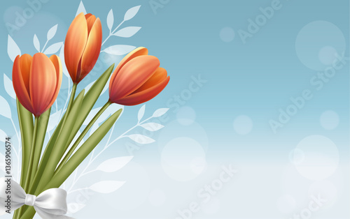Floral background with spring oranges tulips bouquet. Bokeh effect. White bow. Greeting card. Botanic realistic theme.