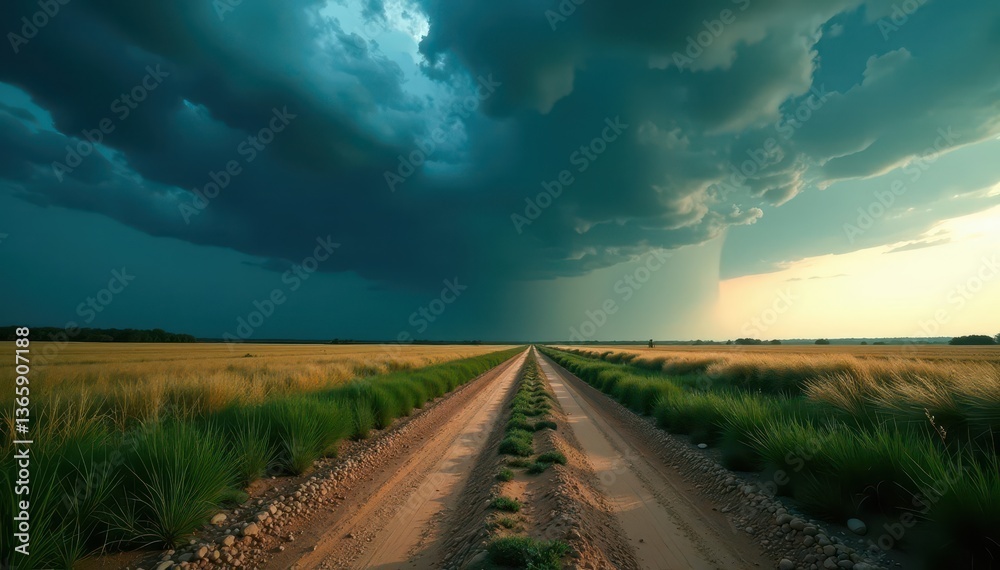 Dark storm clouds loom over a rutted dirt road , winding road, travel, cloudscape