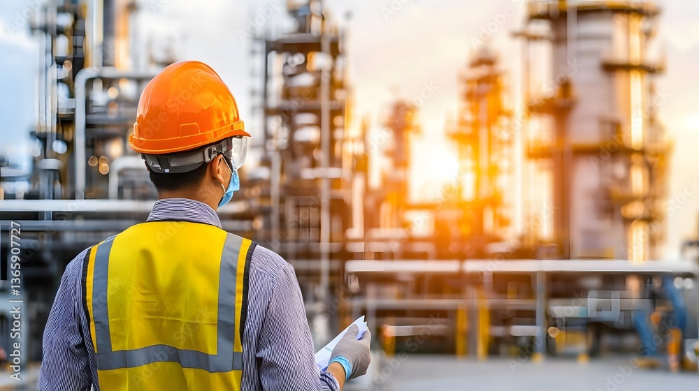 An Engineer's Perspective at Industrial Plant: A skilled engineer, clad in protective gear and holding technical blueprints, gazes over an active industrial plant during golden hour. An Engineer's Perspective at Industrial Plant: A skilled engineer, clad in protective gear and holding technical blueprints, gazes over an active industrial plant during golden hour.