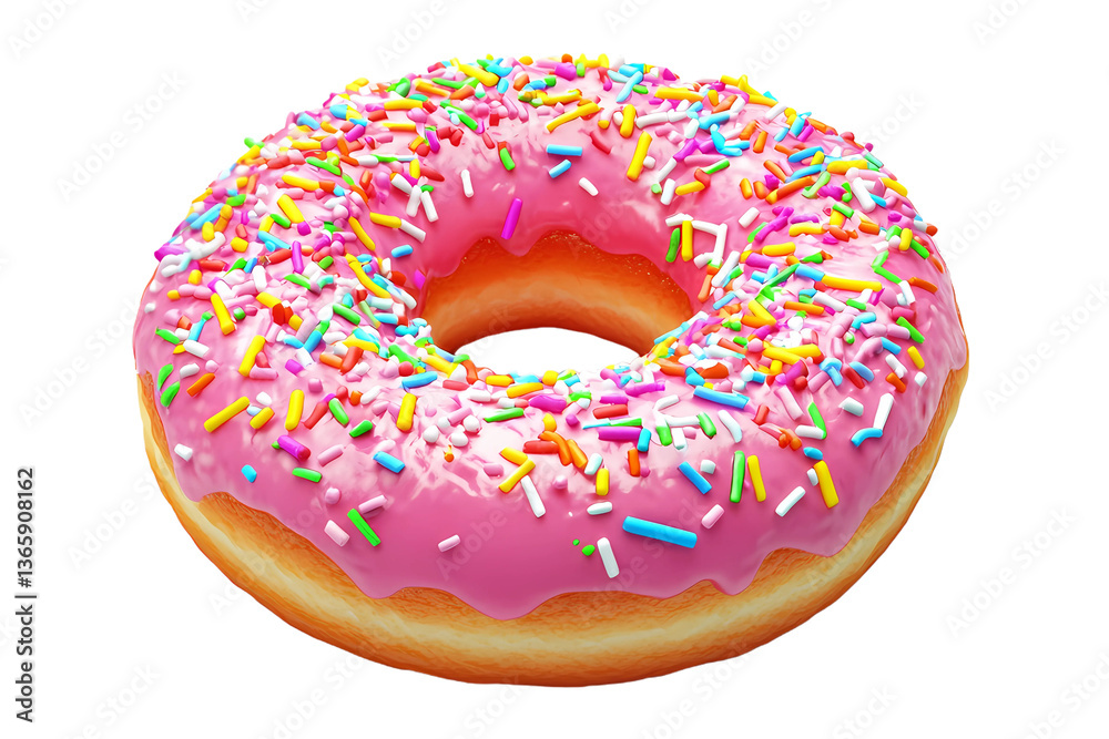 A pink frosted donut with colorful sprinkles on a white background A pink frosted donut with colorful sprinkles on a white background