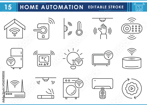 A set of line icons related to Home Automation. Smart, automatic, lock, washing, smart tv, voice assistant, sensors, and so on. Vector editable stroke.