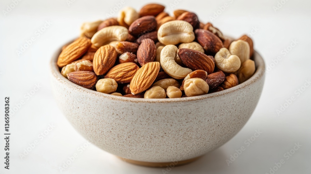 A simple ceramic bowl filled with mixed nuts, placed on a white surface A simple ceramic bowl filled with mixed nuts, placed on a white surface