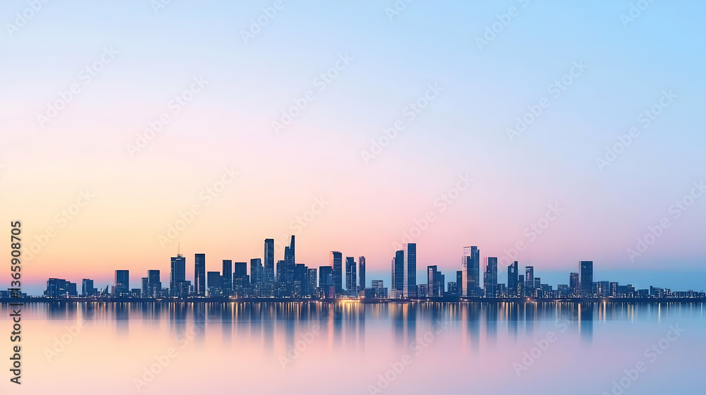 Obraz premium City Skyline Reflecting Buildings Across Calm Water During Sunset with Blue Orange Sky