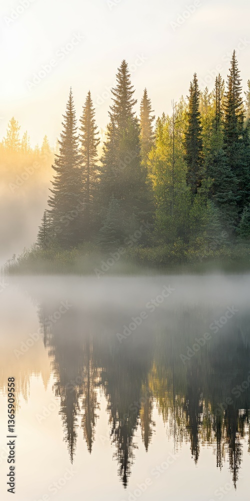 Fototapeta premium Misty dawn over a tranquil lake