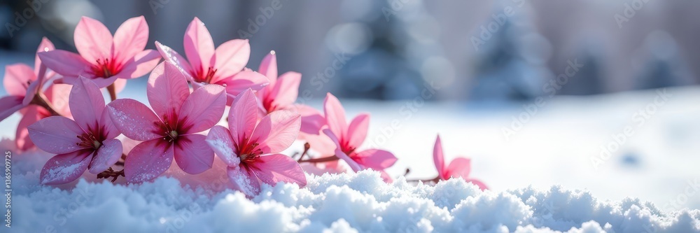 Fototapeta premium Frozen pink flowers contrast sharply with pristine white snow , pink, cherry, peaceful