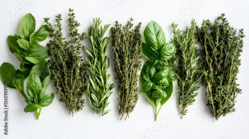 A collection of fresh herbs such as thyme and rosemary, placed on a white surface