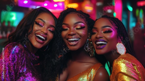 Beautiful Black women wearing glitter makeup and stylish, shimmering outfits, laughing and having fun at a vibrant nightclub