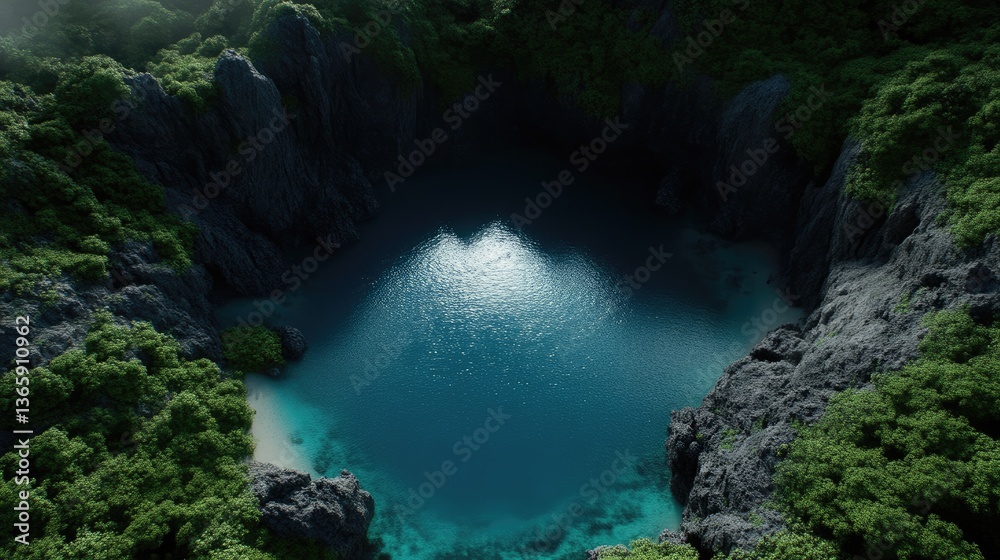Serene lagoon nestled within a lush tropical landscape. A hidden gem amongst towering limestone cliffs Serene lagoon nestled within a lush tropical landscape. A hidden gem amongst towering limestone cliffs